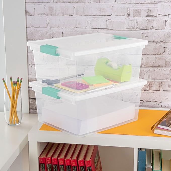 Sterilite 4-Pack Clip Box, Stackable Clear Plastic Bins with Latching Lids, Deep - Writing, Arts or Crafts Supplies Storage C