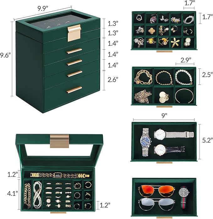Somduy Jewelry Box, 5 Layers Jewelry Storage Display Box with Glass Lid for Women, 4 Drawers,Large Capacity for Necklace Earr