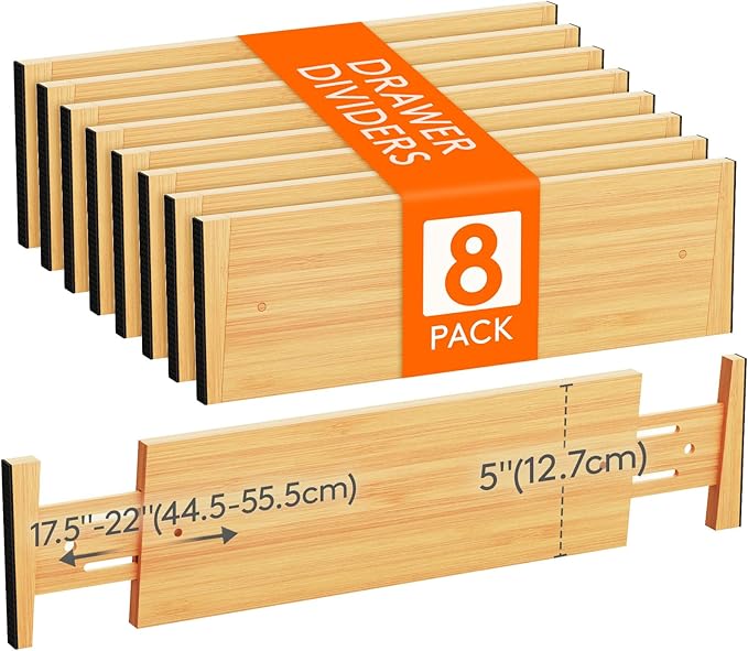 Lifewit 5" High 8 Pack Bamboo Drawer Dividers 45-55cm/17.5-22" Adjustable Wooden Drawer Organizer for Clothes/Utensils, Expan
