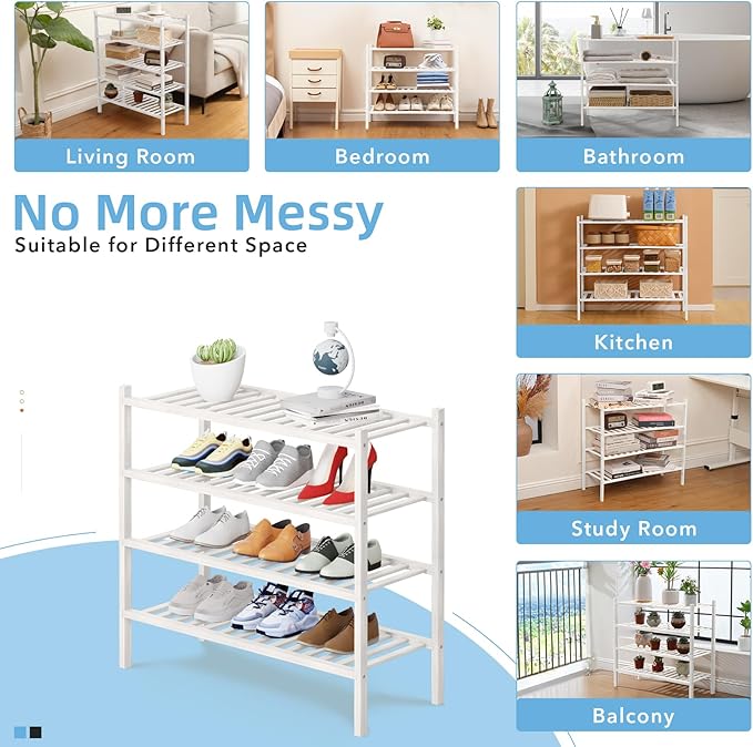4 Tier Bamboo Shoe Rack Storage Organizer for Closet, Multifunctional Stackable Free Standing Shoe Shelf Organizer for Small 