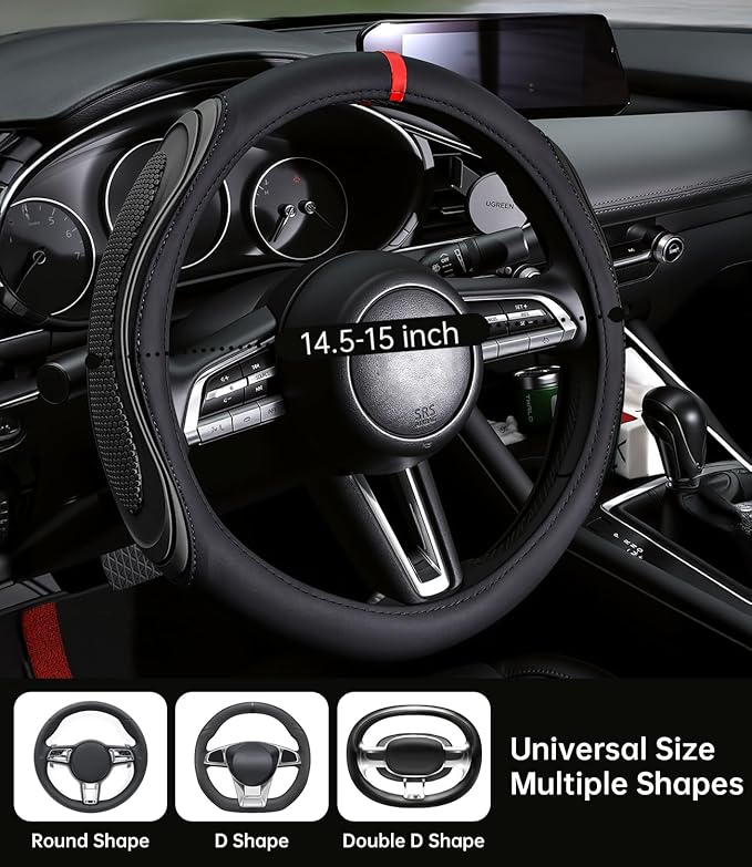XCBYT Steering Wheel Cover - Black Leather Steering Wheel Wrap Great Grip with 3D Honeycomb Quick and Effortless Installation