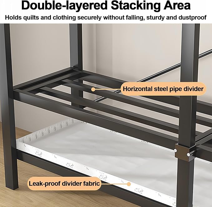 Portable Foldable Wardrobe Closet with Cover, Metal Clothing Rack with Hanging Rods, Space-Saving Storage Organizer for Bedro