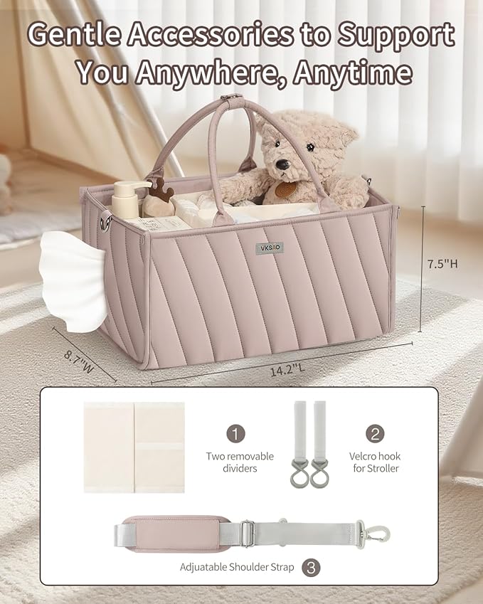 Diaper Caddy Organizer – Portable Storage Basket with Shoulder Strap & Stroller Hooks, Splashproof Quilted Nursery & Car Tote