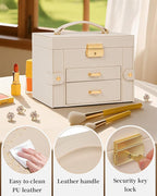 TORIBIO Jewelry Box for Women, Leather Jewelry Organizer with Mirror & Lock, 3-Tier Jewelry Storage Organizer with 2 Drawers 