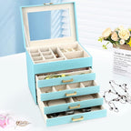 Kendal Jewelry Box, 5-Layer Jewelry Organizer Box with Glass Lid, Blue, Heart Shaped PU Leather, Storage Box for Necklace Ear