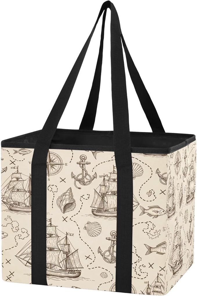 Vintage Sailing Ships Reusable Grocery Bags Large Shopping Tote Bag with Reinforced Bottom Board, Water Resistant Foldable St
