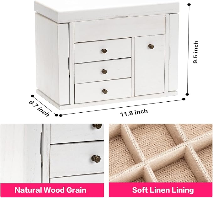 Poyilooo Jewelry Box Organizer, Solid Wood Jewelry Boxes for Women for Storage & Display Necklace Ring Earring Bracelet, Rust