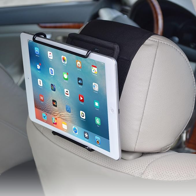 Universal Car Headrest Mount Holder with Angle-Adjustable Clamp - for Use with iPads, Galaxy Tablets and More