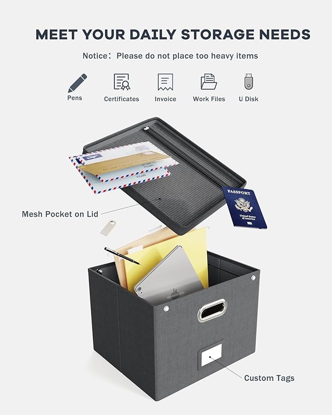 Oterri File Organizer Box with Lid,Large Hanging Filing Box with Mesh Pocket, Document Organizer for Letter Files, Portable S
