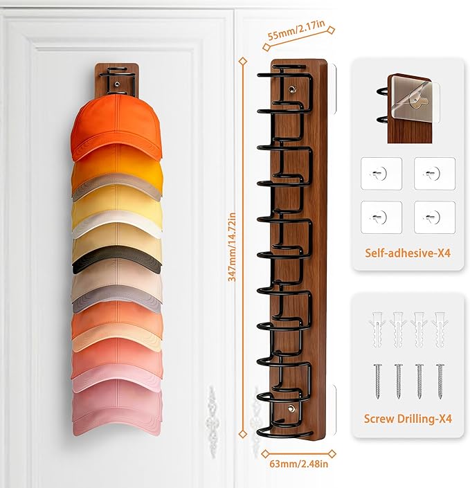 2 Pack Hat Organizer for Baseball Caps, Wood & Metal Hat Rack for Wall, Hat Storage for 22 Caps with Strong Adhesive/Wall Dri