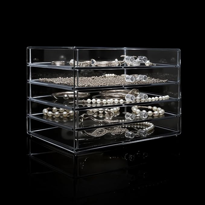 Clear Acrylic Jewelry Storage Box, Earring Jewelry Organizer with 5 Drawers, 5-Layer Jewelry Box for Women, Earring Display H