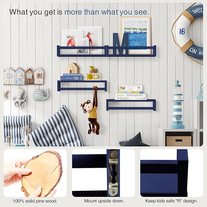 Forbena Navy Blue Floating Book Shelves for Nursery Boy, Decorative Wall Bookshelf for Kids Room, Small Wood Floating Shelves