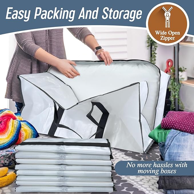 12 Pack Extra Heavy Duty Large Moving Bags with Strong Zipper & Comfortable Handles, Sturdy & Durable Clothes Storage Bags To