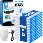 15 Jumbo Vacuum Storage Bags with Electric Pump, Vacuum Seal Bags for Clothing Space Saver Compression Storage Bag Large for 