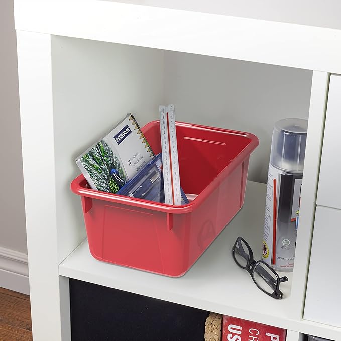 Storex Small Cubby Bins – Plastic Storage Containers for Classroom with Non-Snap Lid, 12.2 x 7.8 x 5.1 inches, Red, (62407U05
