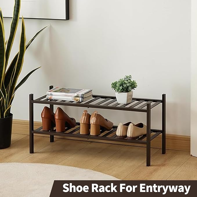 2-Tier Bamboo Shoe Rack for Entryway, Stackable | Heavy Duty | Multi-Function, Free Standing Shoe Racks for Bedroom Hallway C