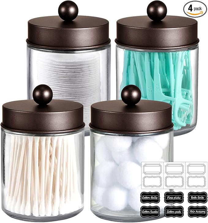 Amolliar 4Pc Apothecary Jars Bathroom Vanity Storage Organizer Set -Countertop Canister with Stainless Steel Lids &Cute Stick
