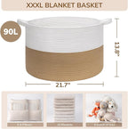 INDRESSME XXXLarge Jute Rope Basket 21.7" x 21.7" x 13.8" Woven Baby Laundry Baskets for Blankets Toys Storage Basket with Ha