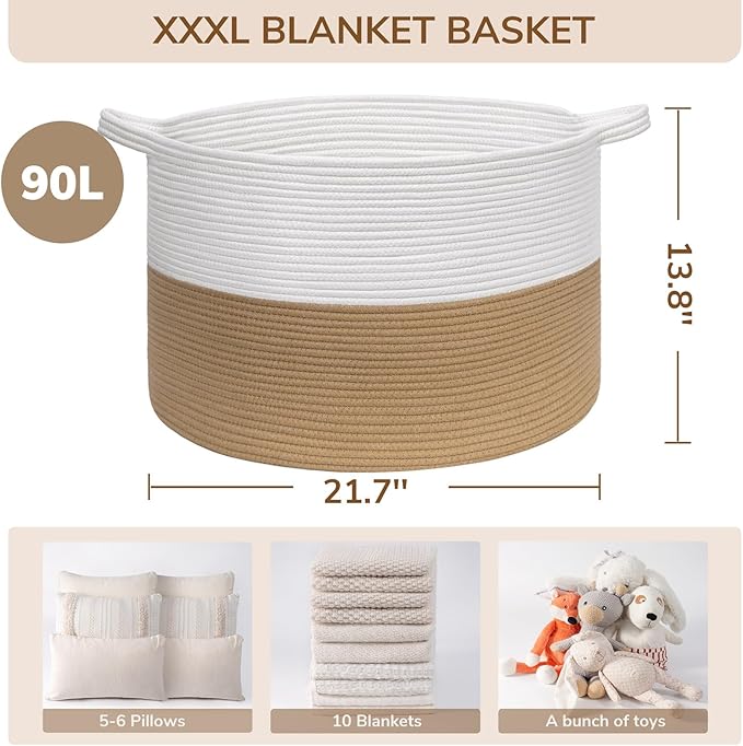 INDRESSME XXXLarge Jute Rope Basket 21.7" x 21.7" x 13.8" Woven Baby Laundry Baskets for Blankets Toys Storage Basket with Ha