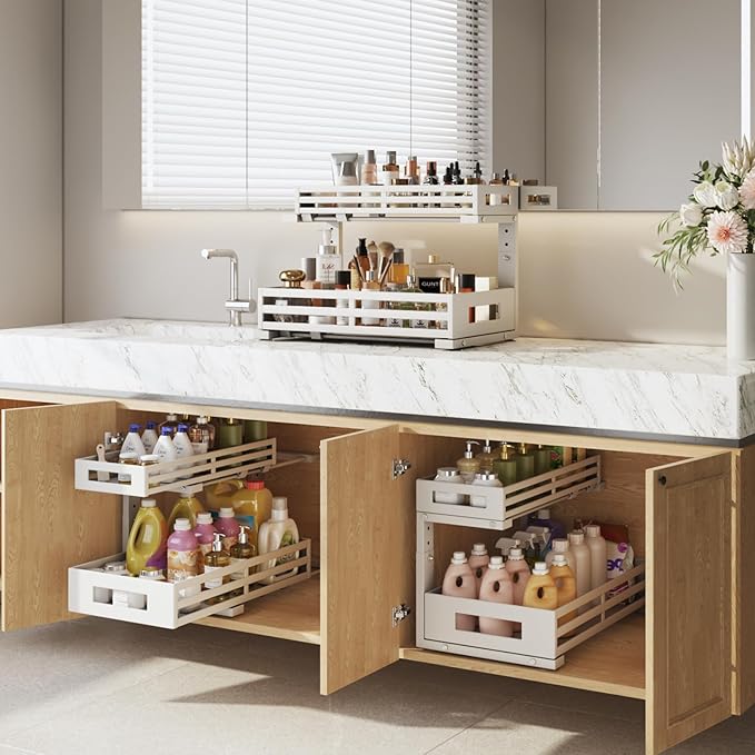 2-Pack 17"Deep Under Sink Organizer And Storage, 2-Tier L-Shaped Pull Out Cabinet Organizer with Upgraded Slide Rails, Height
