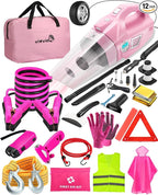 Roadside Emergency Car kit for Vehicles, with 4 in 1 Inflatable Car Vacuum Cleaner, Pink Jumper Cables, First Aid Kit, Tow Ro