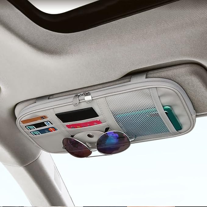 Car Sun Visor Organier Truck SUV Sun Visor Storage Pocket Pouch Holder, Multi-Pocket PU Leather with Zipper Net, for Cards Pens Sunglasses Document (Gray)