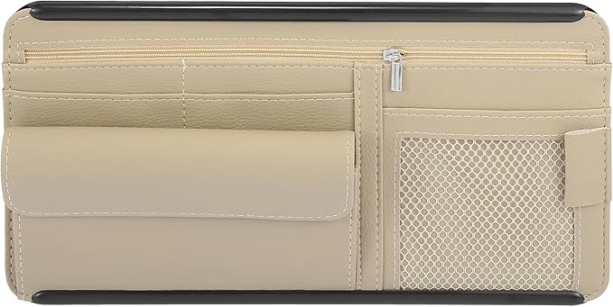 X AUTOHAUX Beige Universal Car Sun Visor Organizer Sunglasses Case Storage Pocket Hook and Loop Tape ABS PU Leather for SUV RV Truck