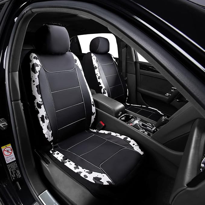Flying Banner car seat Covers Protects Water Proof Faux Leather Carbon Fiber Fronts Rear Bench Covers (Cow Black, Full Set - 
