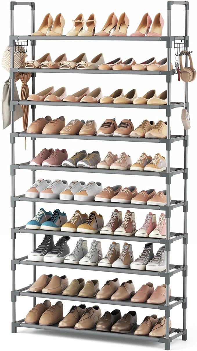 VTRIN 10 Tiers Shoe Rack Tall Large Capacity Wide Shoe Organizer Sturdy Shoe Shelf for Entryway with Two Hooks Metal Shoe Sto
