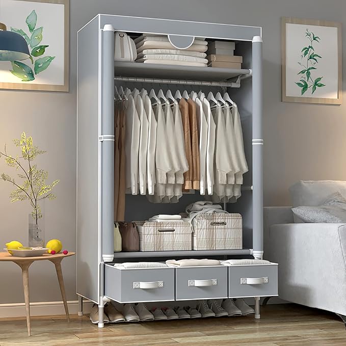 Portable Clothes Closet Rolling Door Wardrobe with Hanging Rack Non-Woven Fabric Storage Organizer with Three Drawer Boxes No