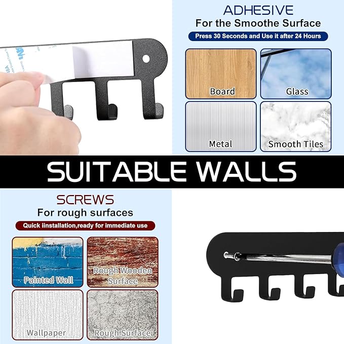 2 Pack Key Holder for Wall,Key Hooks with 8 Hooks,Key Rack for Wall No Drill for Living Room, Kitchen, Bathroom, Garage (Blac