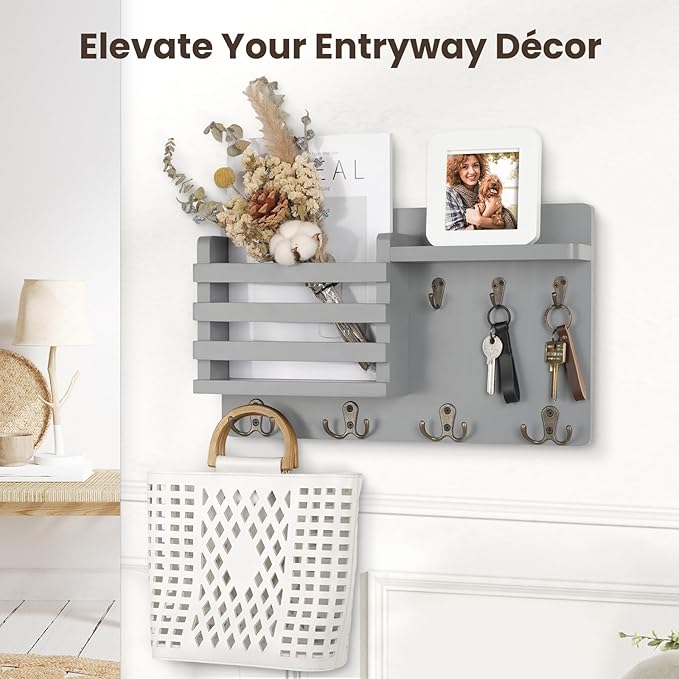 Nekon Mail Holder for Wall Mail Organizer with Key Hooks Hallway Farmhouse Decor Storage Racks with Floating Shelf and Flush 
