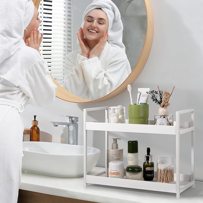 Bathroom Counter Organizer 2 Tier Vanity Storage Countertop Shelf Makeup Organizer Perfume Tray Skincare Holder for Sink, Dre