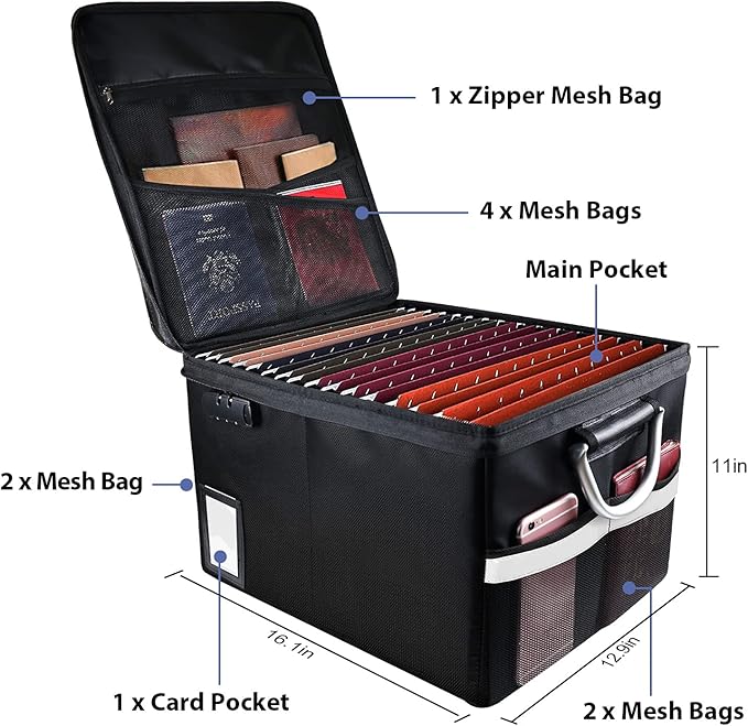 TOMKID Fireproof Document Box, Fireproof File Box with Lids, Important Document Organizer Box with Lock, Portable File Folder