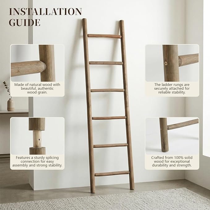 Wooden Blanket Ladder - 76in Natural Wood Color- Leaning Wall Decor for Bedroom, Bathroom, Living Room - Rustic Quilt Holder 
