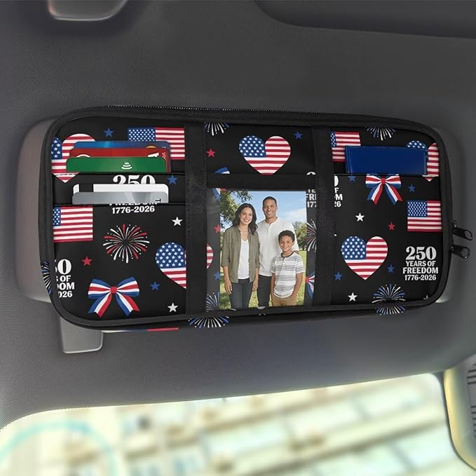250th USA Anniversary Car Sun Visor Organizer Auto Visor Multi-Pocket Storage Pouch Holder Vehicle Visor Net Personal Belonging Pouch for Card Pen Phone