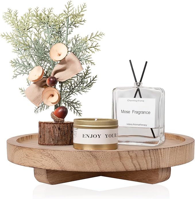 Round Decorative Tray Wood Bathroom Counter Organizer Farmhouse Kitchen Decor Wooden Riser for Soap Dish, Perfume, Candle, Sp