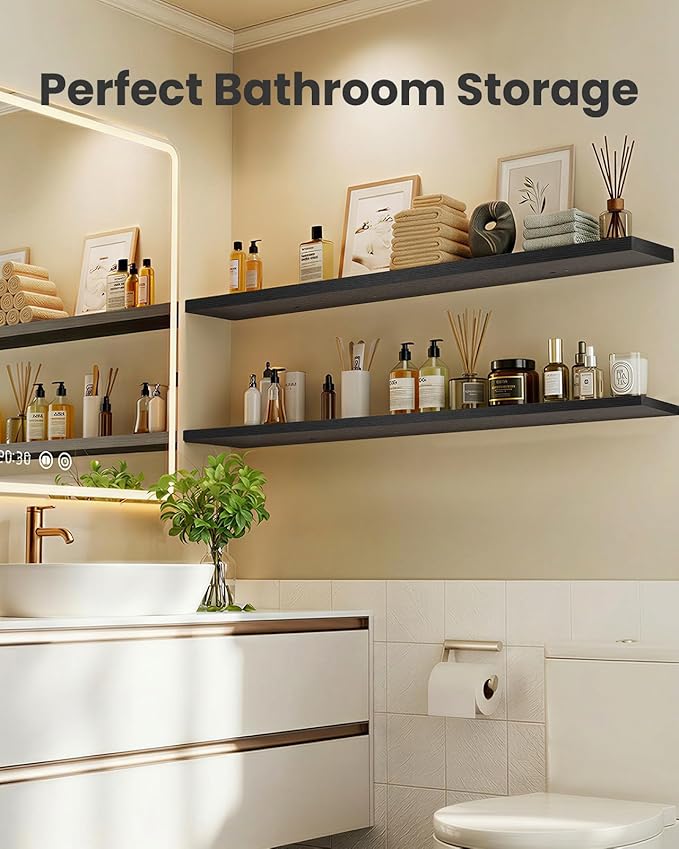 AMADA HOMEFURNISHING 47.2" L Floating Shelves, Wall Shelves Set of 3 for Bathroom/Living Room/Bedroom/Kitchen, Black Floating