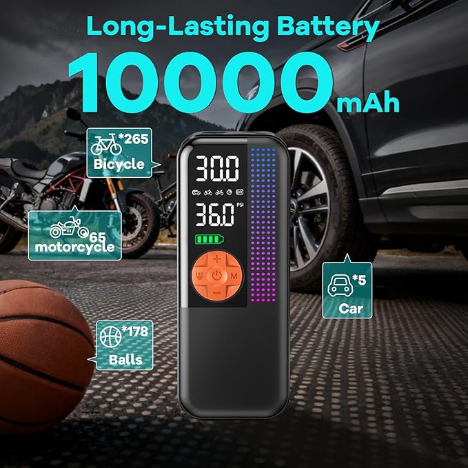 Tire Inflator Portable Air Compressor,150 PSI Cordless Air Pump, 12V DC Car Plug,Dual Power 10000mAh, Fast Inflation 24L/Min, 4 Preset Modes for Car, Bike, Motorcycle, Balls(Orange, 10000mAh)