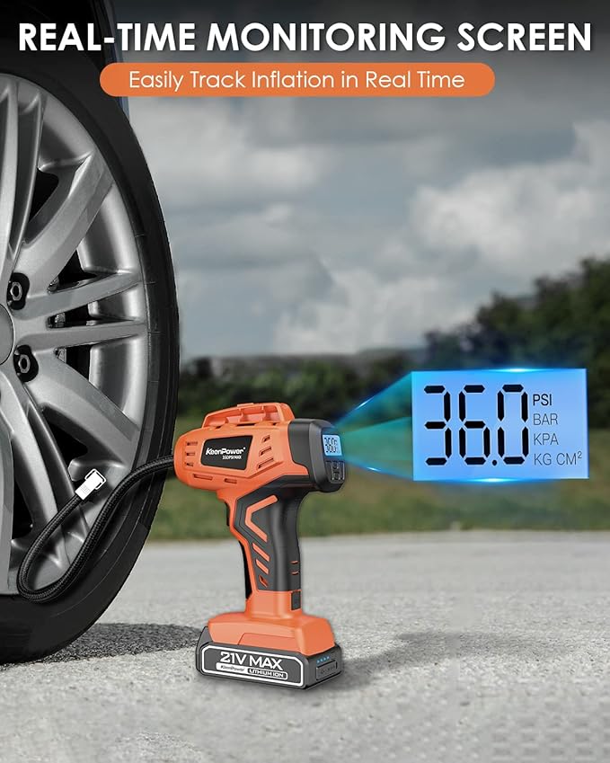 KeenPower Tire Inflator Air Compressor, 21V Cordless Car Tire Pump with Rechargeable Li-ion Battery, 12V Car Power Adapter, Digital Pressure Gauge, Suitable for Cars E-bikes Balls Motorcycles