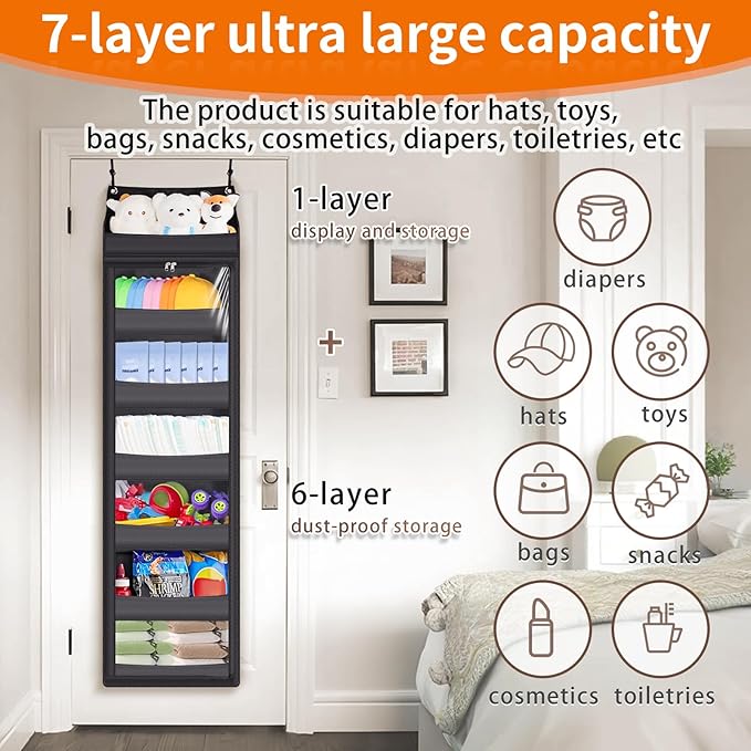 Toread 7-Layer Door-Mounted Baseball Cap Organizer, Dust-Proof Hat Rack Holds 90 Hats, Adjustable Non-Slip Hooks, Multi-Purpo