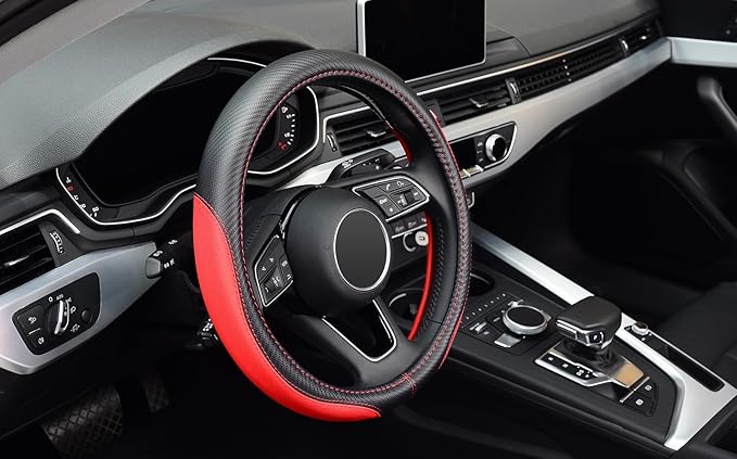 LABBYWAY Microfiber Leather Auto Car Steering Wheel Cover, Universal 15 Inch Anti-Slip Wheel Protector, Red
