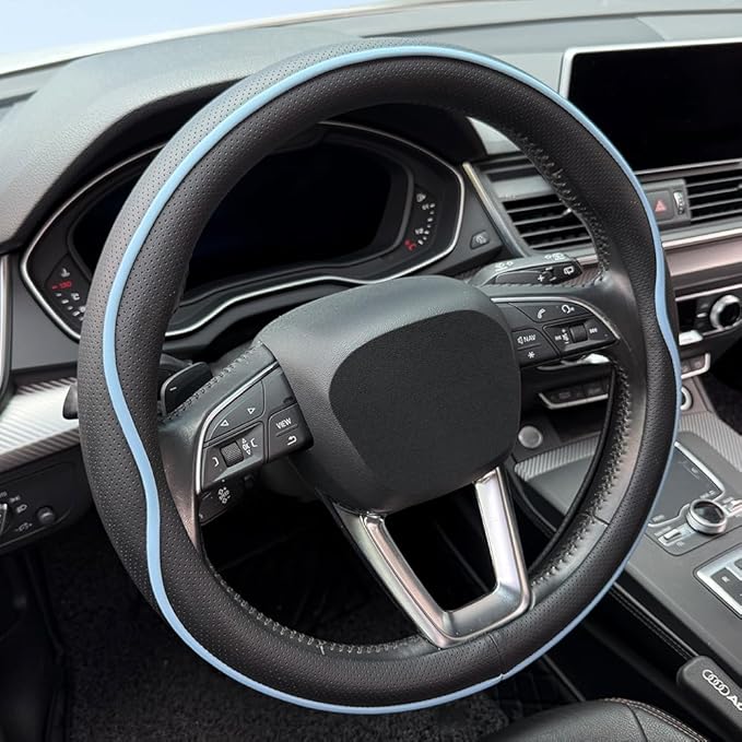 HAOTULE Leather Steering Wheel Cover， with Anti-Slip Stripe Design - Enhanced Grip, Fashion Style, Safe, Non-Slip, Breathable