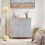 DUMOS 9 Drawer Dresser for Bedroom, Fabric Storage Organizer with Sturdy Metal Frame, Wooden Top Chest of Drawers for Closet 