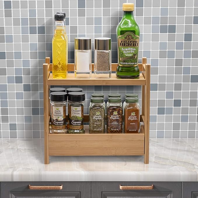 Sorbus Bamboo Bathroom Counter Organizer – 2-Tier Shelf with Hidden Drawer for Vanity, Matcha Station, Bathroom Sink Organize