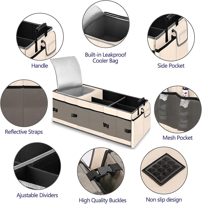 Trunk Organizer with Built-in Insulated Leak Proof Cooler Bag,Collapsible Cargo Organizer for SUV with Non Slip Bottom