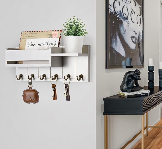 RelaxScene Key Holder Wall Mount - Key Hooks for Wall Decor Living Room - Wooden Key Hanger Rack and Mail Organizer with Shel