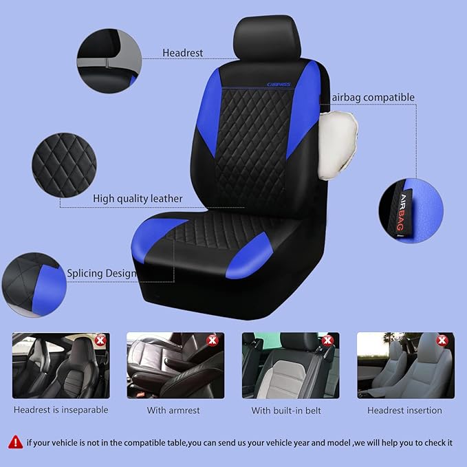 CAR PASS Leather Seat Covers-Universal Quilting Car Seat Cover with 5mm Composite Sponge Inside,Airbag Compatible,Front and R