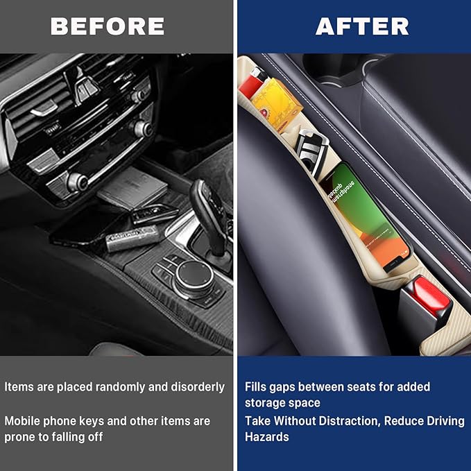 2PCS Car Seat Gap Filler, Vehicle Seat Organizer for Avoiding Dropped Items, Fill The Gap Between Seat and Console, No Drop Seats Guard for Coins Wallets Keys, Universal Car Accessories (Beige)