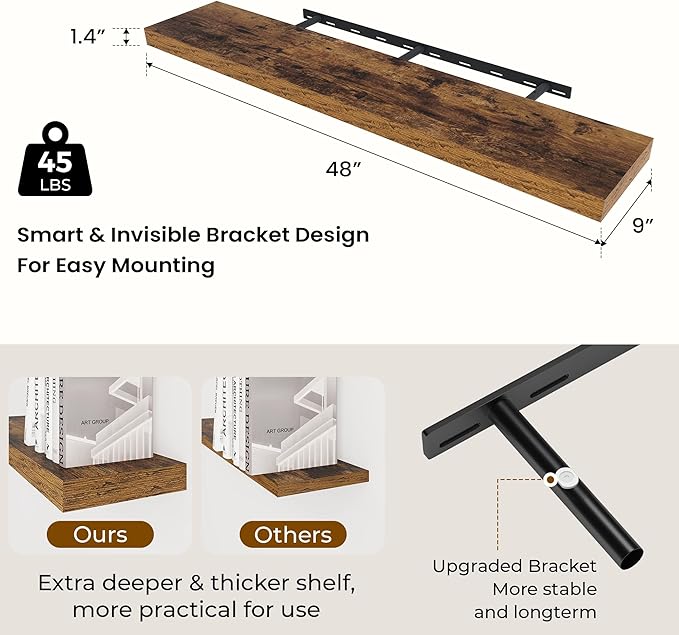 Dreamland 48 Inches Floating Shelves for Wall, 9.3 Inch Deep Floating Shelves Set of 2, Large Display & Storage Shelf, Wall S